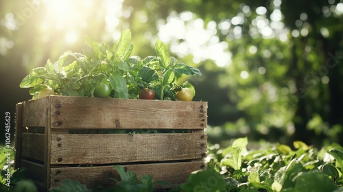 A rustic wooden crate filled with vibrant red and yellow tomatoes sits amidst lush greenery, bathed in warm sunlight filtering through surrounding foliage. photo