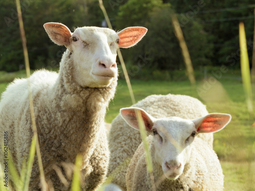 Two Sheep Grazing in a Farm Grass Meadow