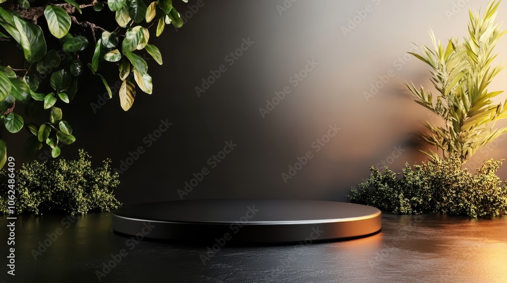 A sleek black podium is surrounded by vibrant greenery, creating a striking contrast against a dark backdrop that showcases the beauty of minimalist design. A sleek black podium is surrounded by vibrant greenery, creating a striking contrast against a dark backdrop that showcases the beauty of minimalist design.