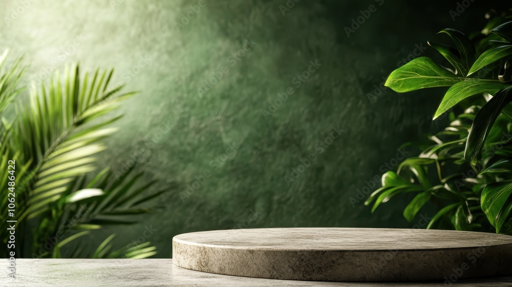 A round concrete platform sits amidst vibrant green foliage, offering a serene and natural backdrop perfect for nature-themed presentations or products. A round concrete platform sits amidst vibrant green foliage, offering a serene and natural backdrop perfect for nature-themed presentations or products.