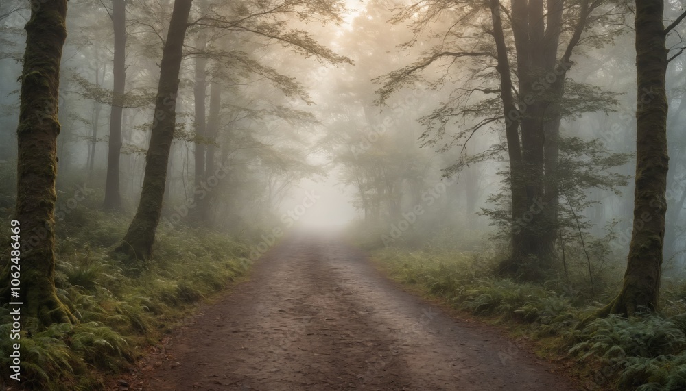 Fototapeta premium Misty forest trail at sunrise illuminating the path through towering trees in a tranquil wilderness setting