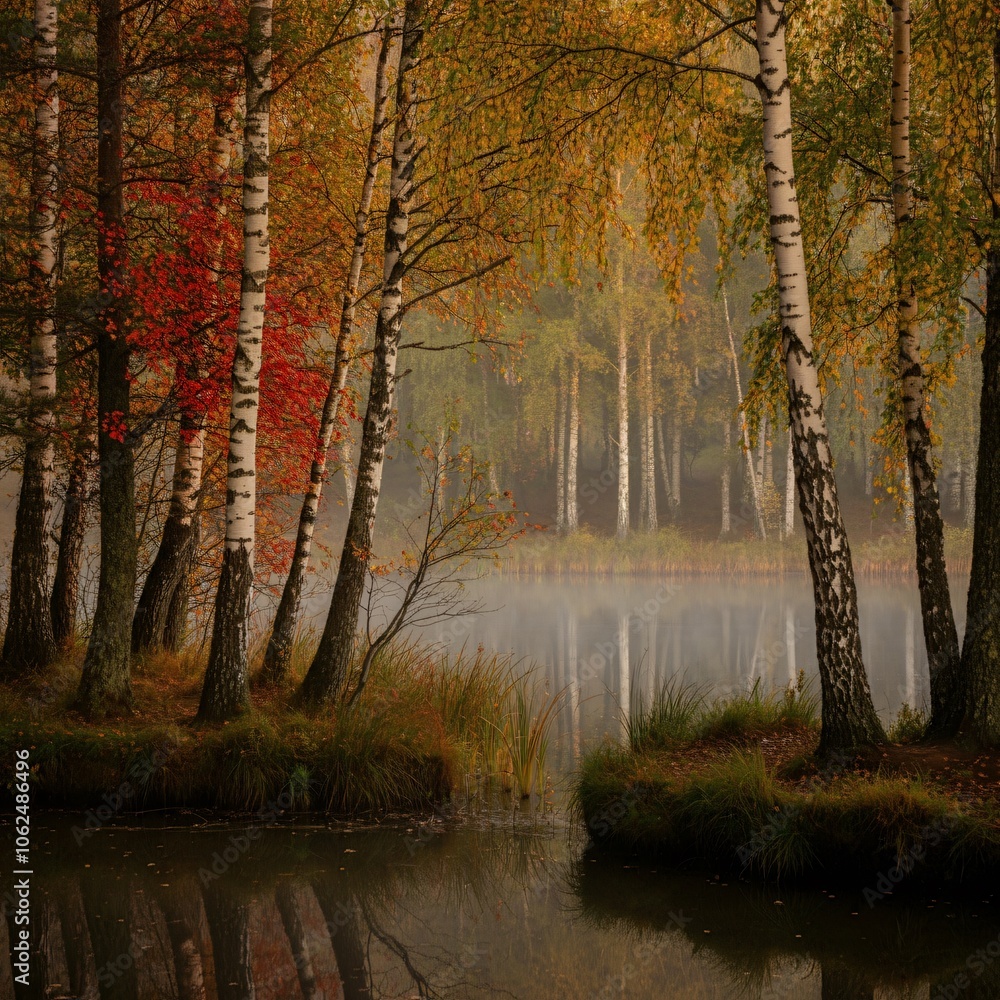 Quiet forest lake surrounded by autumn trees with leaves in shades of red and gold Quiet forest lake surrounded by autumn trees with leaves in shades of red and gold