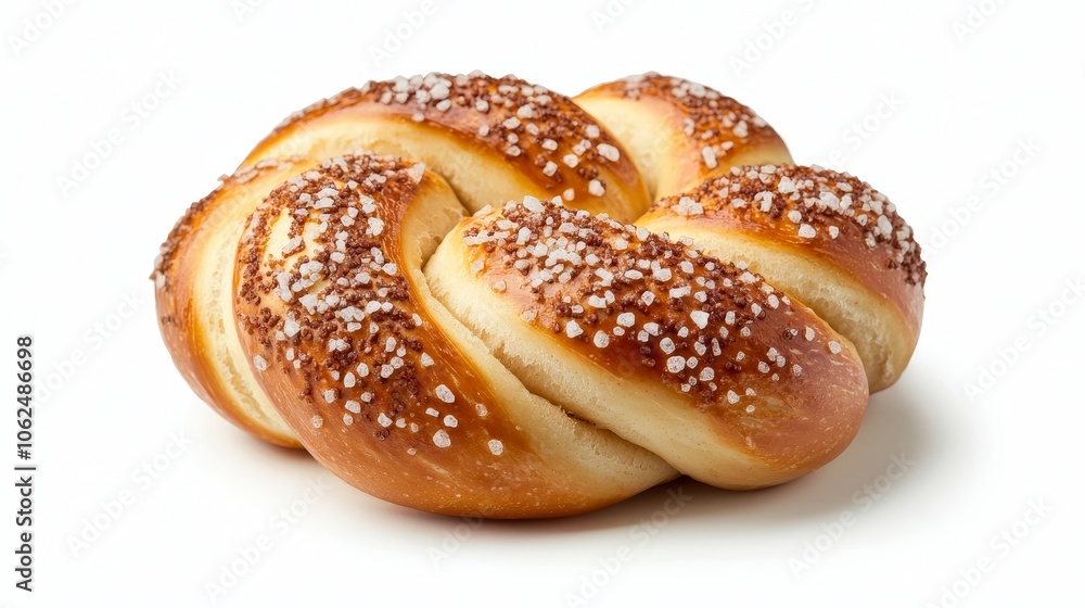Glossy pretzel with thick, doughy twists, sprinkled with salt crystals, isolated on white, its rich brown color and texture catching the light Glossy pretzel with thick, doughy twists, sprinkled with salt crystals, isolated on white, its rich brown color and texture catching the light