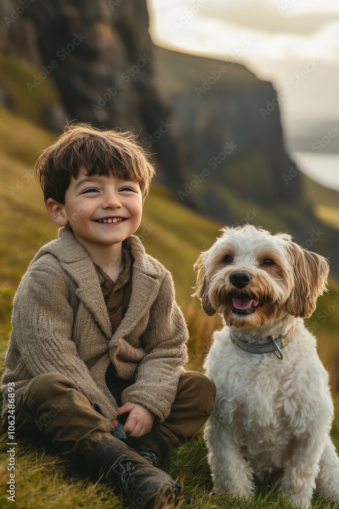 Joyful boy with dog amidst scotland s coastal beauty fields, cliffs, and charming architecture Joyful boy with dog amidst scotland s coastal beauty fields, cliffs, and charming architecture