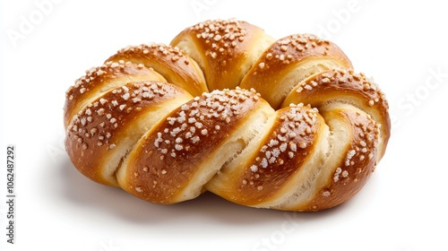 Twisted pretzel with a rich, brown crust and glistening salt, its iconic shape highlighted against a clean white background, soft natural light