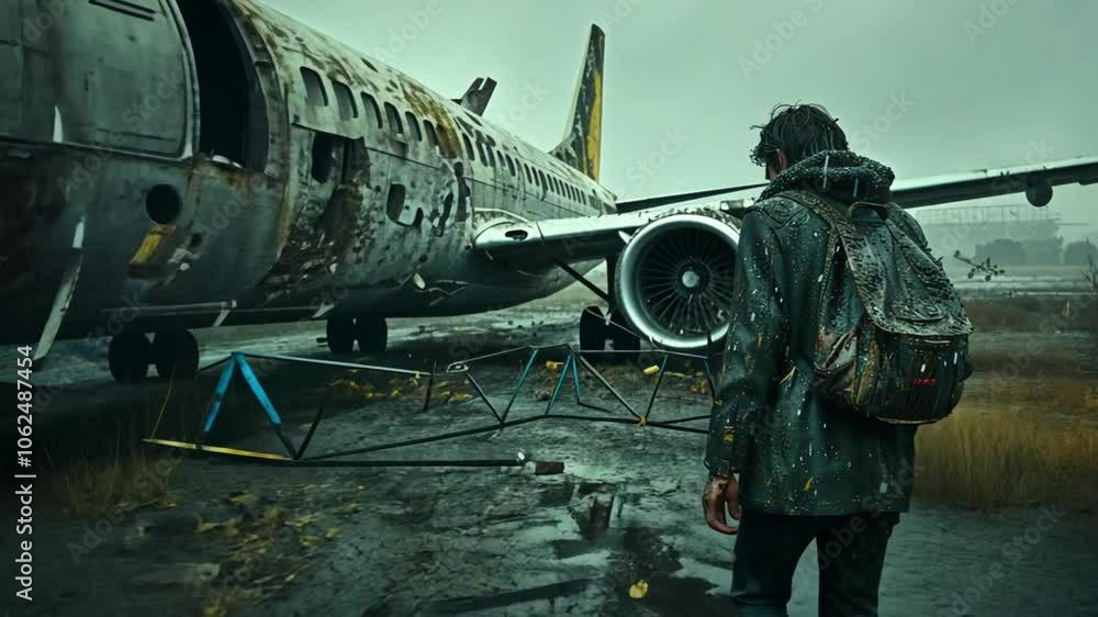 A solitary person stands in the rain, examining a rusting airplane at an abandoned airport. The atmosphere is moody and desolate, with gray skies above A solitary person stands in the rain, examining a rusting airplane at an abandoned airport. The atmosphere is moody and desolate, with gray skies above