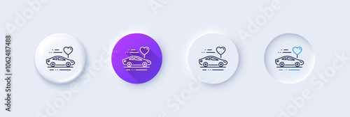 Honeymoon travel line icon. Neumorphic, Purple gradient, 3d pin buttons. Love car trip sign. Valentines day transport symbol. Line icons. Neumorphic buttons with outline signs. Vector