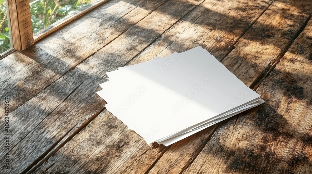 Under the bright sunlight, several neatly arranged paper sheets rest on an aged wooden table, casting gentle shadows and creating a serene composition. Under the bright sunlight, several neatly arranged paper sheets rest on an aged wooden table, casting gentle shadows and creating a serene composition.
