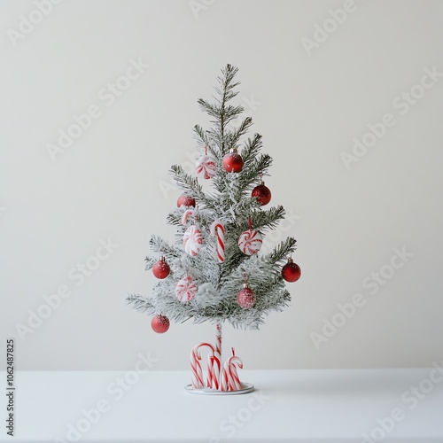 Sapin de Noël glacé décoré de sucres d'orge et boules rouges sur socle blanc.