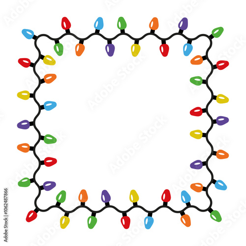 Square Christmas lights frame in flat style. Vector design of lightbulb garland. Decorative element for xmas cards, invitations, banners, posters