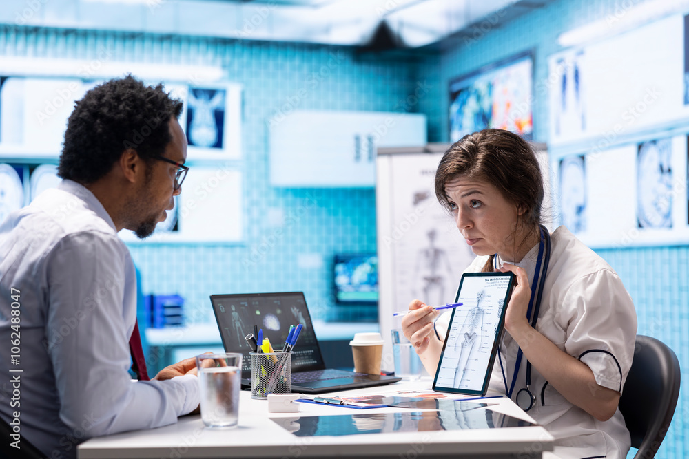 Doctor and patient interaction in a medical consultation room, featuring a tablet screen with medical results and x ray diagnosis, Highlighting technology in healthcare industry. Doctor and patient interaction in a medical consultation room, featuring a tablet screen with medical results and x ray diagnosis, Highlighting technology in healthcare industry.