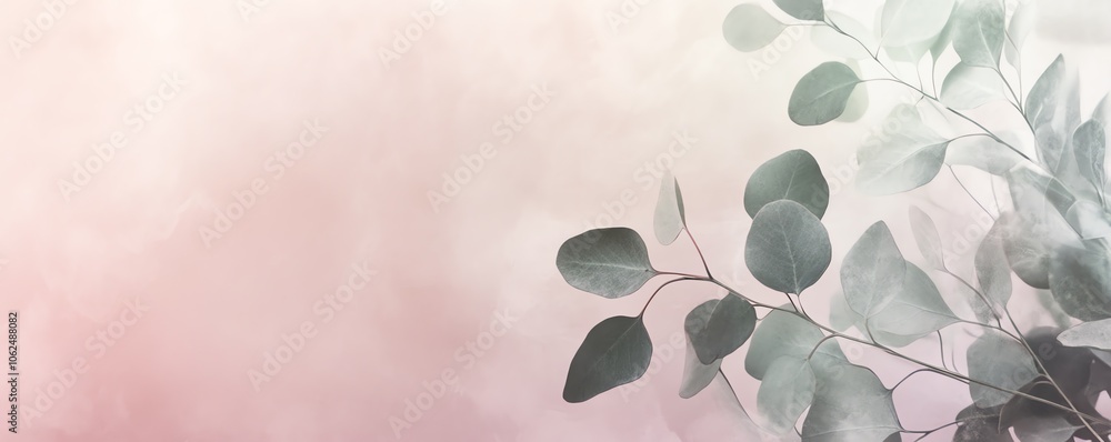 Branche d'eucalyptus argenté sur fond rose dégradé, ambiance apaisante et naturelle. Branche d'eucalyptus argenté sur fond rose dégradé, ambiance apaisante et naturelle.