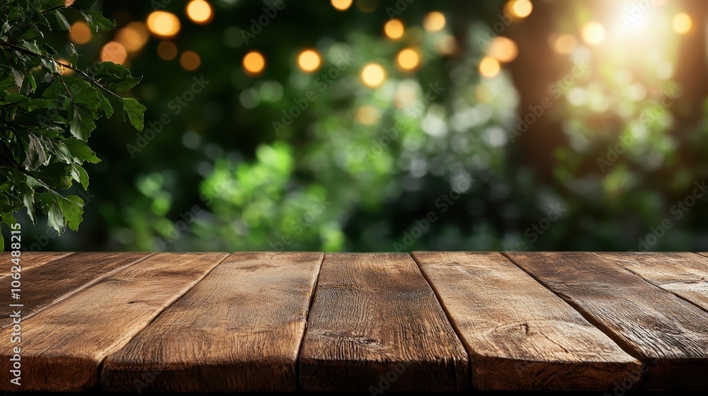 An enchanting wooden deck is enveloped in a bokeh light effect, with warm glowing lights amidst surrounding lush greenery, setting a tranquil evening atmosphere. An enchanting wooden deck is enveloped in a bokeh light effect, with warm glowing lights amidst surrounding lush greenery, setting a tranquil evening atmosphere.