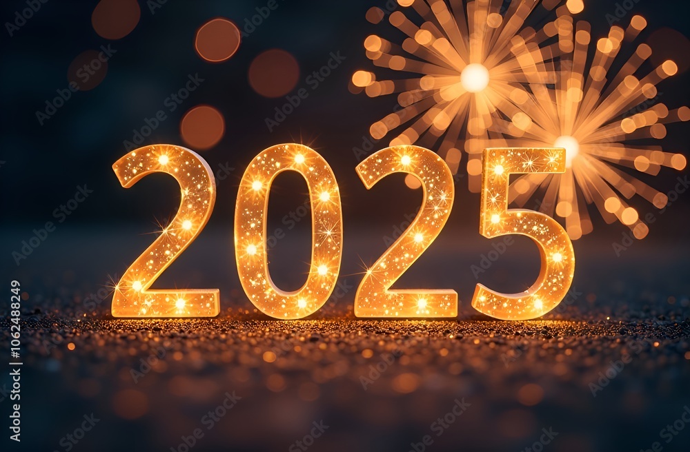 Gold luminous sign 2025 with glow garlands and on blurred background. Illustration for New Year's banner, postcard, card, screensaver. Concept for design and print. Gold luminous sign 2025 with glow garlands and on blurred background. Illustration for New Year's banner, postcard, card, screensaver. Concept for design and print.