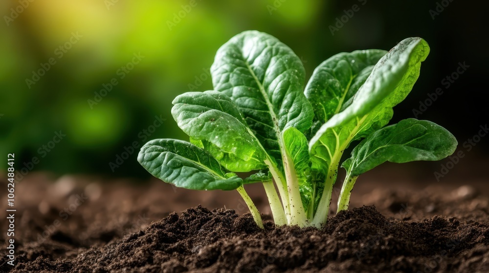 Robust spinach plant displays vibrant green leaves growing in dark, rich soil, capturing the essence of natural cultivation and agricultural prosperity. Robust spinach plant displays vibrant green leaves growing in dark, rich soil, capturing the essence of natural cultivation and agricultural prosperity.