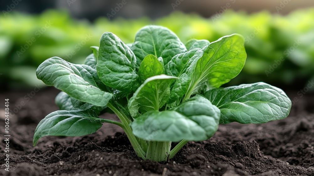 Fresh and tender spinach leaves sprout from the earth, thriving in nutrient-rich soil under the gentle rays of the morning sun, symbolizing new beginnings. Fresh and tender spinach leaves sprout from the earth, thriving in nutrient-rich soil under the gentle rays of the morning sun, symbolizing new beginnings.