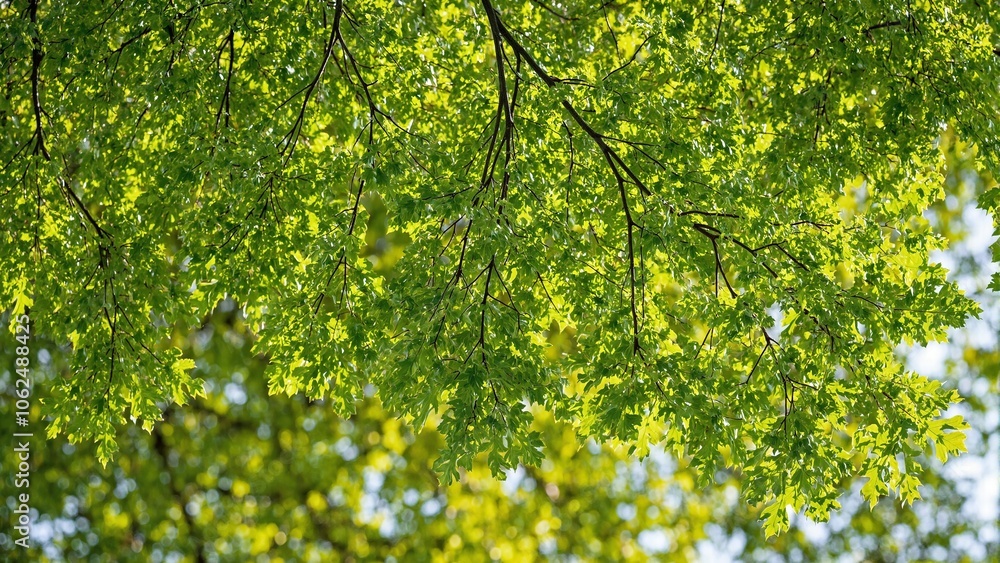 Fototapeta premium Vibrant green oak leaves creating intricate patterns under sunlight