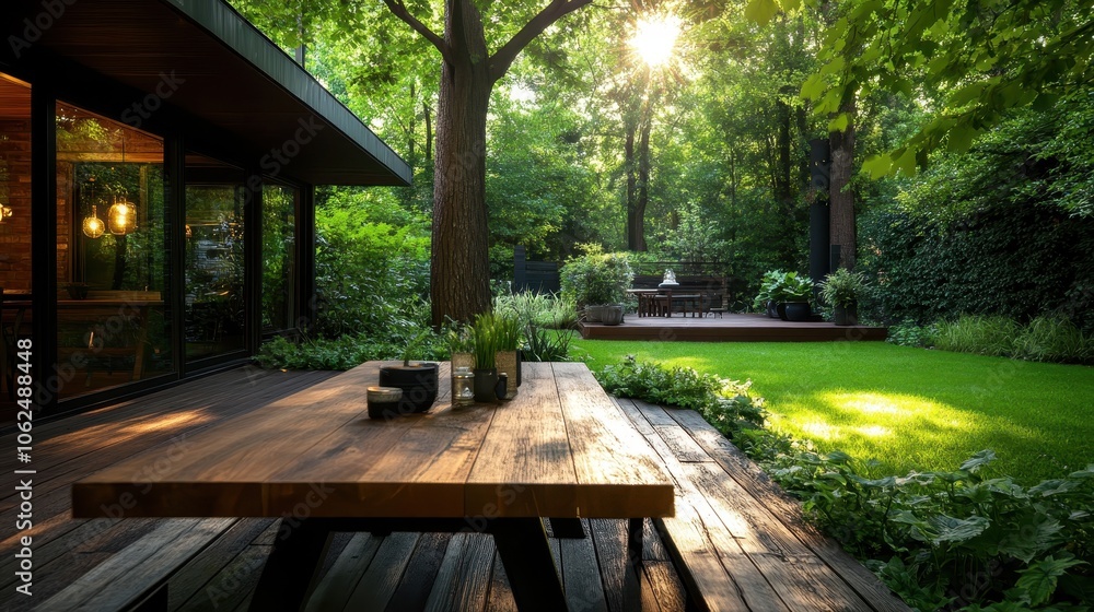 A peaceful backyard scene showcasing a wooden deck with a sturdy table, lush greenery surrounding the area, and sunlight filtering through tree leaves. A peaceful backyard scene showcasing a wooden deck with a sturdy table, lush greenery surrounding the area, and sunlight filtering through tree leaves.