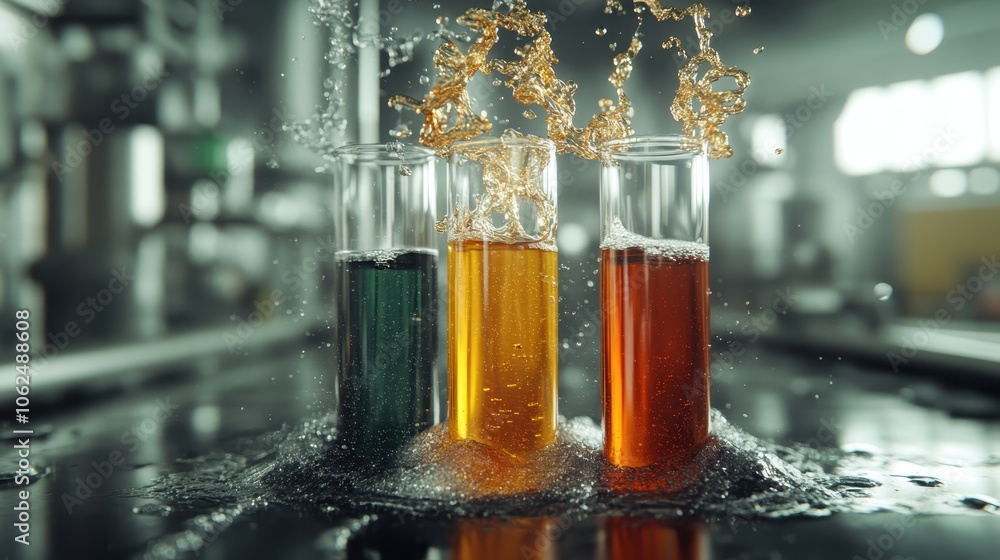 Three test tubes filled with vibrant liquids splash dynamically, creating a vibrant, exciting representation of creativity, scientific curiosity, and experimentation. Three test tubes filled with vibrant liquids splash dynamically, creating a vibrant, exciting representation of creativity, scientific curiosity, and experimentation.