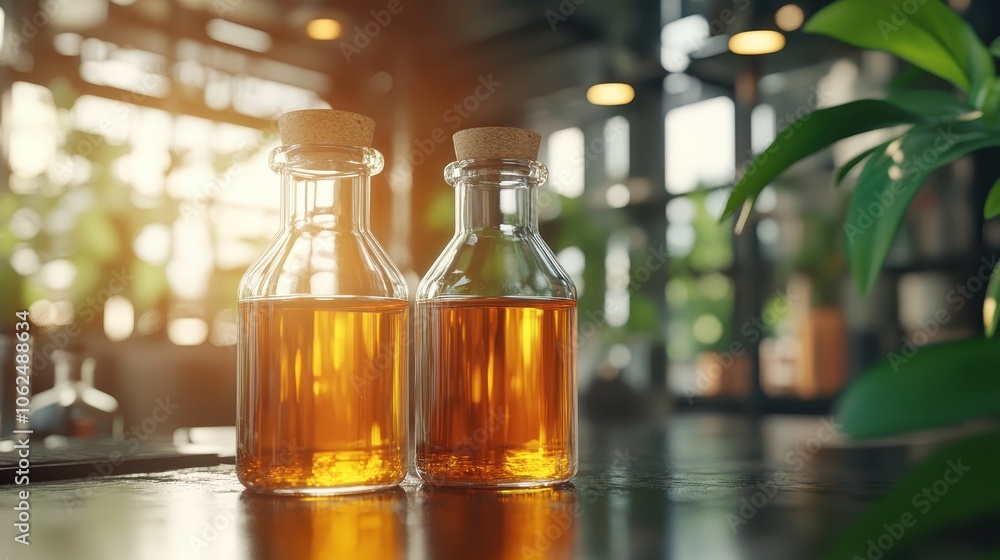 Two small glass bottles filled with golden-brown liquid are placed on a wooden surface, with sunlight filtering through, creating a warm and inviting ambiance. Two small glass bottles filled with golden-brown liquid are placed on a wooden surface, with sunlight filtering through, creating a warm and inviting ambiance.