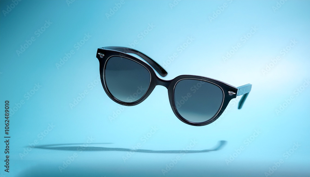 Sunglasses floating or flying isolated on light blue background Sunglasses floating or flying isolated on light blue background