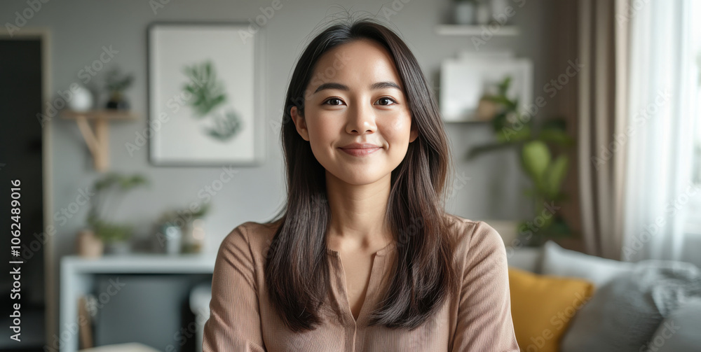 Confident Young Woman Smiling in a Modern Living Room Setting Confident Young Woman Smiling in a Modern Living Room Setting