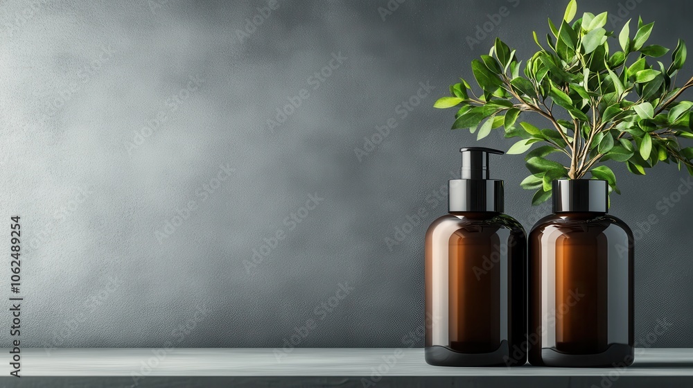 Two dark amber bottles with black dispensers are paired with a leafy branch, creating a harmonious scene on a textured gray backdrop. Two dark amber bottles with black dispensers are paired with a leafy branch, creating a harmonious scene on a textured gray backdrop.