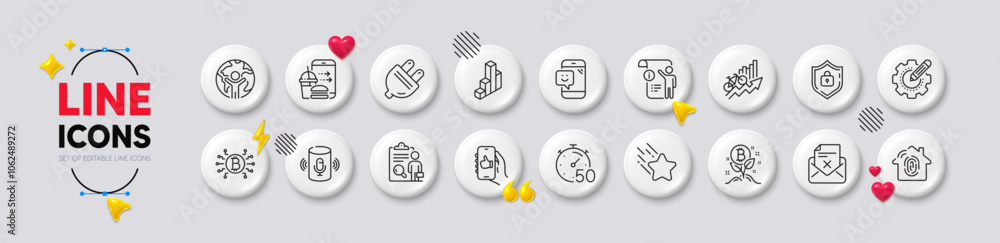 Fingerprint access, Falling star and Smile line icons. White buttons 3d icons. Pack of Electric plug, Settings gear, Bitcoin system icon. Shield, Like app, Manual doc pictogram. Vector Fingerprint access, Falling star and Smile line icons. White buttons 3d icons. Pack of Electric plug, Settings gear, Bitcoin system icon. Shield, Like app, Manual doc pictogram. Vector