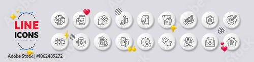 Fingerprint access, Falling star and Smile line icons. White buttons 3d icons. Pack of Electric plug, Settings gear, Bitcoin system icon. Shield, Like app, Manual doc pictogram. Vector