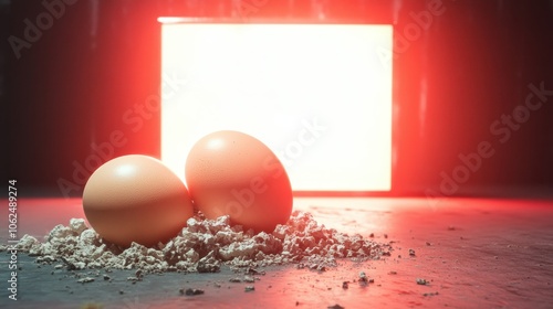 A pair of eggs resting in a textured environment illuminated by a dramatic red light, evoking a mysterious and intense atmosphere with contrasting shadows and highlights. photo