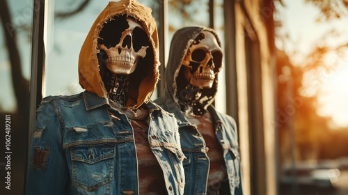 Fashionable skeleton figures dressed in denim jackets against an outdoor urban backdrop, offering a playful and edgy interpretation of style and modern trendiness.