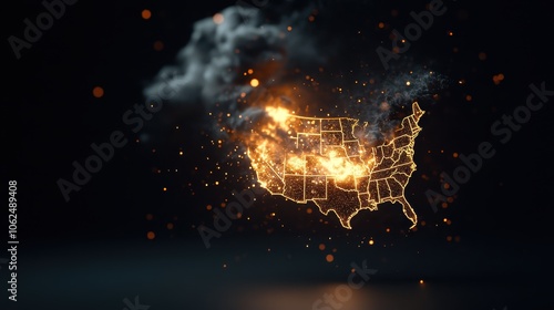 An artistic representation of the United States engulfed in flames, highlighting states with striking glowing details and emitting particles against a dark background. photo