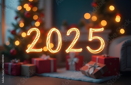 Gold luminous sign 2025 with colorful garlands and festive decorations on a blurred background.  Illustration for New Year's banner, postcard, card, screensaver. Concept for design and print.