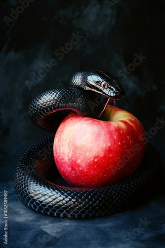 Two shiny black snakes curled around a large red and pink apple in a striking display photo