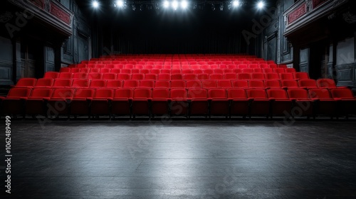 An empty theater filled with red plush seats, highlighted by spotlights, displaying themes of anticipation, artistry, and the allure of performing arts within a classic setting. photo