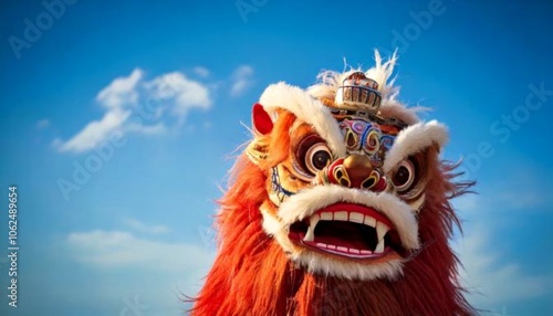 Lion Dance - Dragon & lion Dance Street Performances. Lion Head with blue skies in background.