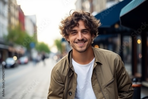 Portrait of a handsome young man smiling in a city street.