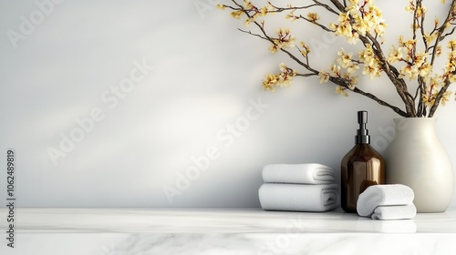 Wallpaper Mural A soft pastel background accentuates a decorative floral arrangement and folded white towels. Refined, minimalistic design that suggests relaxation and calmness. Torontodigital.ca