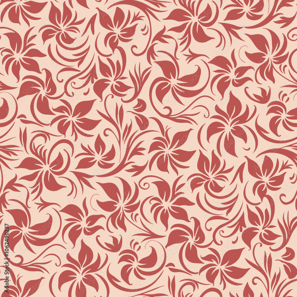 Elegant floral seamless pattern. Vector abstract red and beige ornamental texture with flower silhouettes, leaves. Simple botanical background. Retro fashion style. Repeated design for textile, print Elegant floral seamless pattern. Vector abstract red and beige ornamental texture with flower silhouettes, leaves. Simple botanical background. Retro fashion style. Repeated design for textile, print