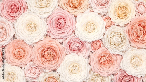 Pastel colored roses in shades of blush pink peach and cream create a romantic dreamy texture