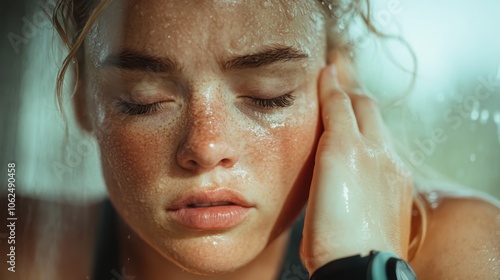 A close-up portrait of a woman post-exercise, her face covered with sweat, eyes gently closed, capturing the intensity and satisfaction of a rigorous workout. photo