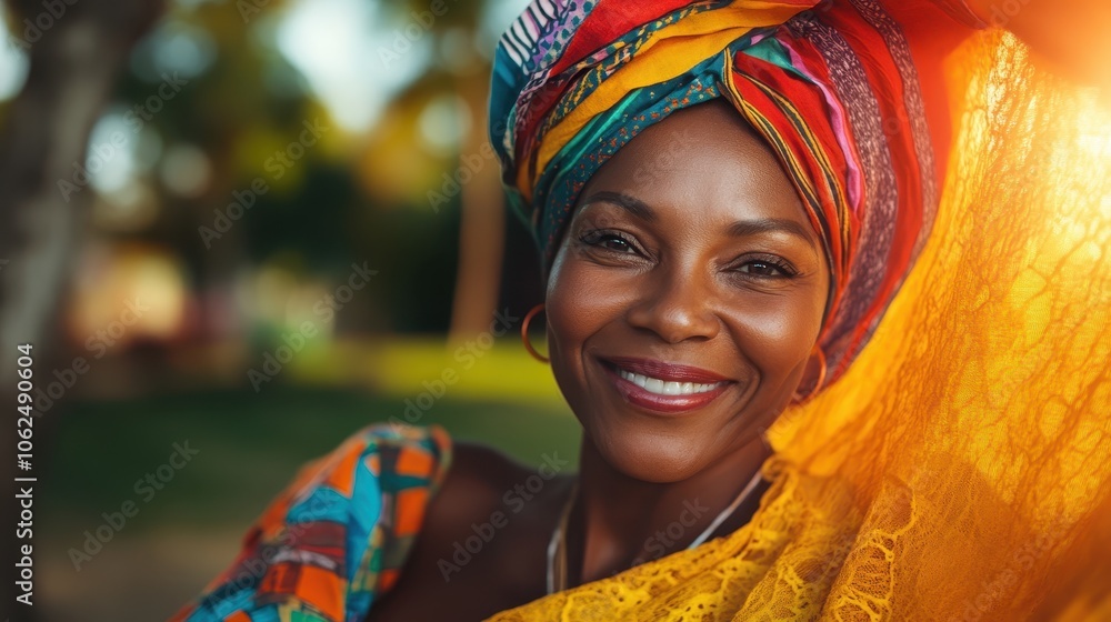 Fototapeta premium A joyful woman wearing colorful and vibrant traditional clothing, smiling warmly in an outdoor setting, showcasing culture, joy, and the beauty of tradition.