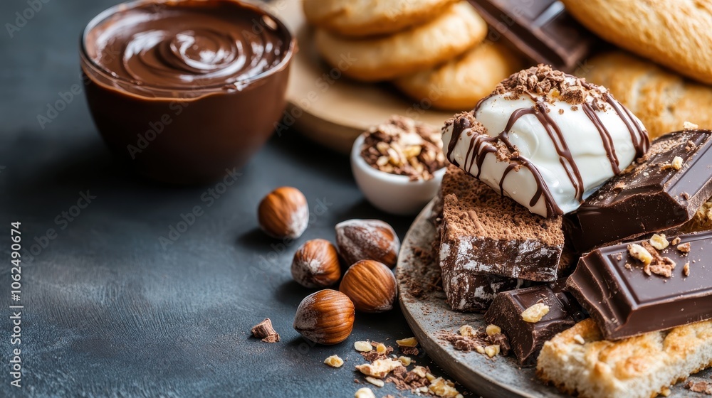 A delectable assortment of chocolates with hazelnuts and whipped cream, offering a rich and indulgent treat for dessert lovers and chocolate enthusiasts alike. A delectable assortment of chocolates with hazelnuts and whipped cream, offering a rich and indulgent treat for dessert lovers and chocolate enthusiasts alike.