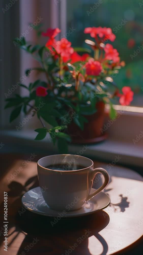 A warm and cozy scene with a steaming cup of coffee on a wooden table, bathed in soft sunlight. A potted plant with red flowers adds a touch of nature to the setting. A warm and cozy scene with a steaming cup of coffee on a wooden table, bathed in soft sunlight. A potted plant with red flowers adds a touch of nature to the setting.
