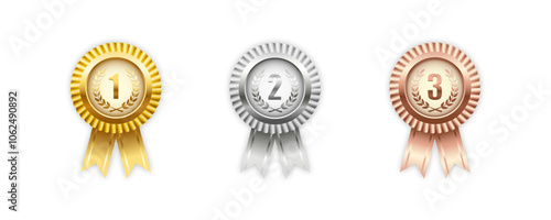 Gold, silver, bronze medal set. Champion trophy awards with numbers and laurel vector illustration. Prize in sport for winning first, second, third place in competition on white background, vector.