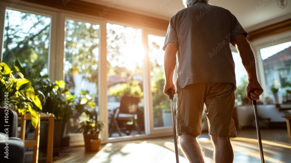 A man with gray hair walks with crutches in a sunlit home, reinforcing themes of resilience, independence, and hope, as sunlight filters softly through the glass doors. A man with gray hair walks with crutches in a sunlit home, reinforcing themes of resilience, independence, and hope, as sunlight filters softly through the glass doors.