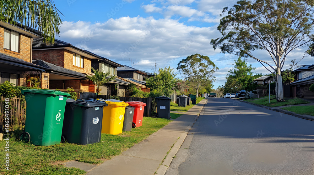 Recycling bins lined up on a suburban street, ready for collection High quality Recycling bins lined up on a suburban street, ready for collection High quality