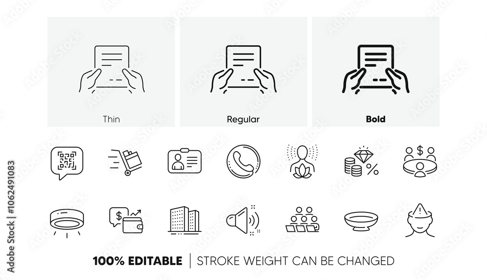 Loud sound, Mental health and Wallet line icons. Pack of Push cart, Dish, Meeting icon. Buildings, Qr code, Teamwork pictogram. Led lamp, Call center, Receive file. Money tax, Id card. Vector Loud sound, Mental health and Wallet line icons. Pack of Push cart, Dish, Meeting icon. Buildings, Qr code, Teamwork pictogram. Led lamp, Call center, Receive file. Money tax, Id card. Vector