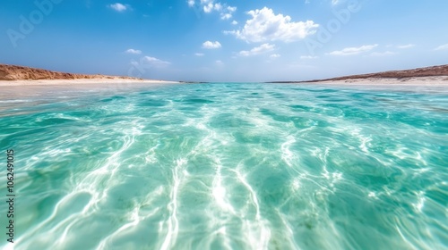 This image showcases crystal-clear turquoise ocean water with gentle waves glistening under a vast, bright blue sky, evoking feelings of tranquility and freedom. photo