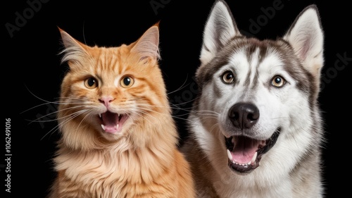 Ginger Tabby Cat and Siberian Husky Dog Smiling Happily in Photo Collage